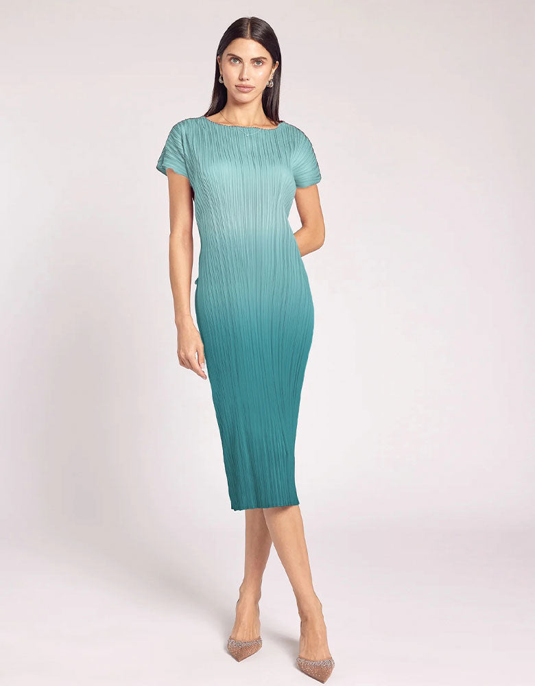 Valentina Ombre Plissé Satin Dress, Sea-foam