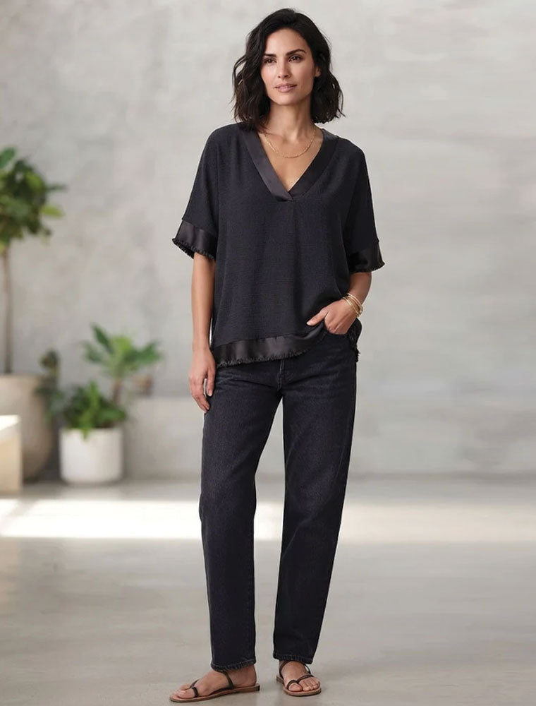 1/2 Sleeve Top with Satin Trim, Black