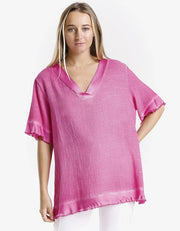 1/2 Sleeve Top with Satin Trim, Fuchsia