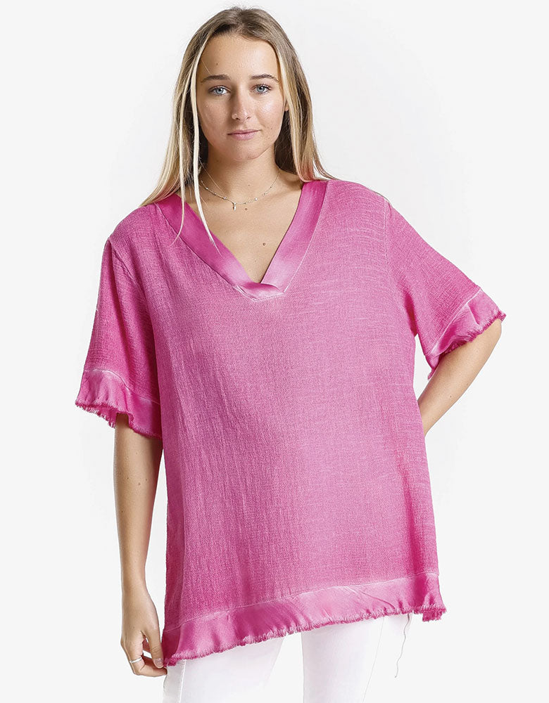 1/2 Sleeve Top with Satin Trim, Fuchsia