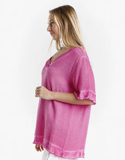 1/2 Sleeve Top with Satin Trim, Fuchsia