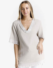 1/2 Sleeve Top with Satin Trim, Beige