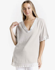 1/2 Sleeve Top with Satin Trim, Beige