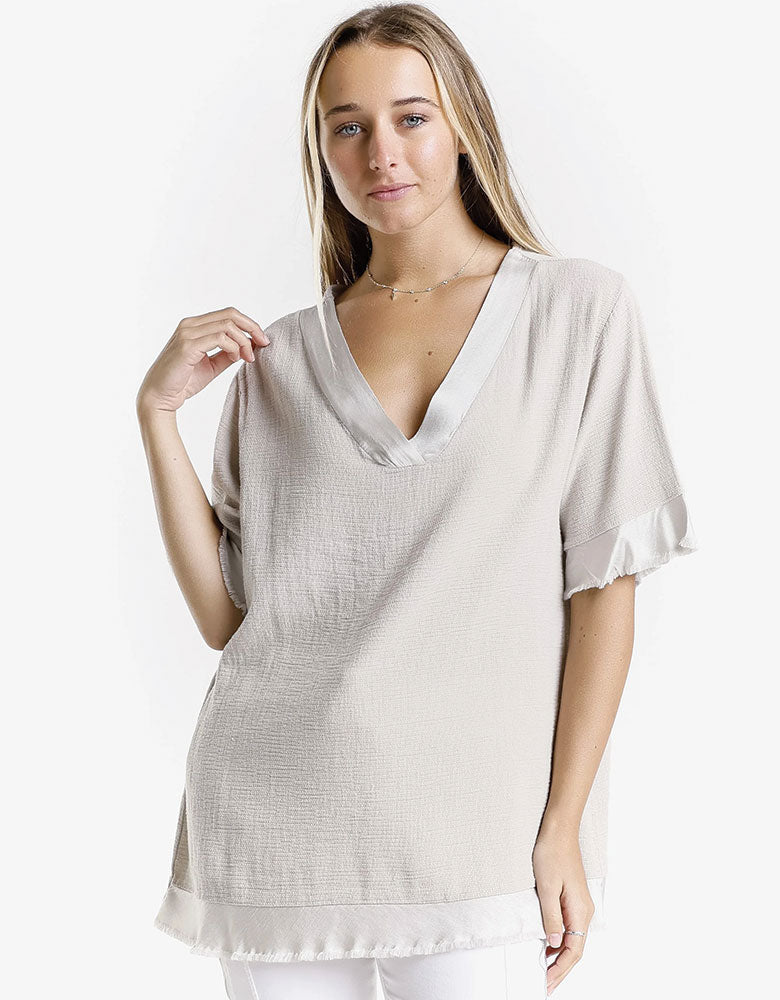 1/2 Sleeve Top with Satin Trim, Beige