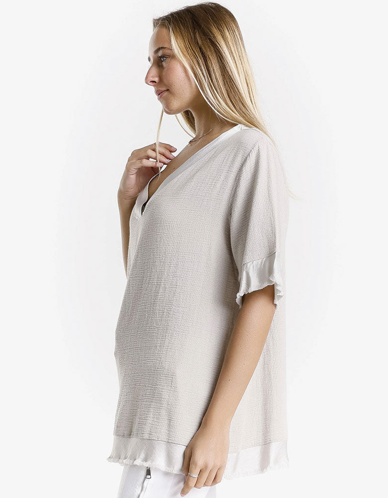 1/2 Sleeve Top with Satin Trim, Beige