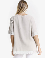 1/2 Sleeve Top with Satin Trim, Beige