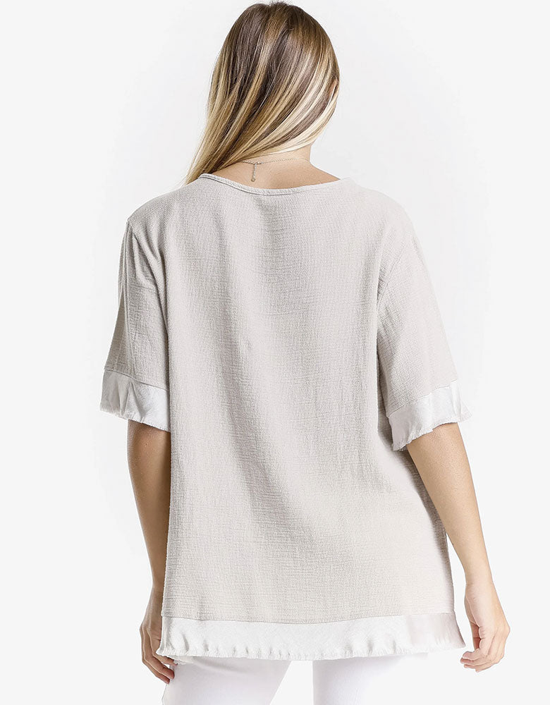 1/2 Sleeve Top with Satin Trim, Beige