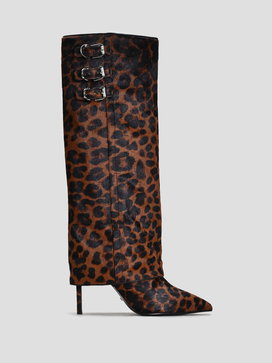 Knee-High Fold Over Cheetah Print Boots, Brown