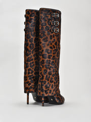 Knee-High Fold Over Cheetah Print Boots, Brown
