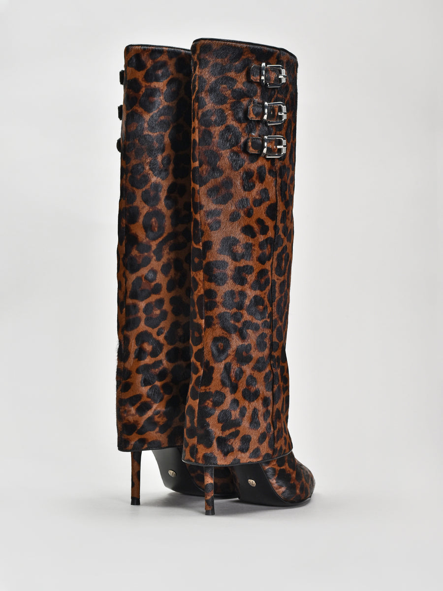 Knee-High Fold Over Cheetah Print Boots, Brown