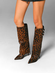 Knee-High Fold Over Cheetah Print Boots, Brown