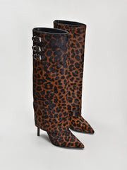 Knee-High Fold Over Cheetah Print Boots, Brown