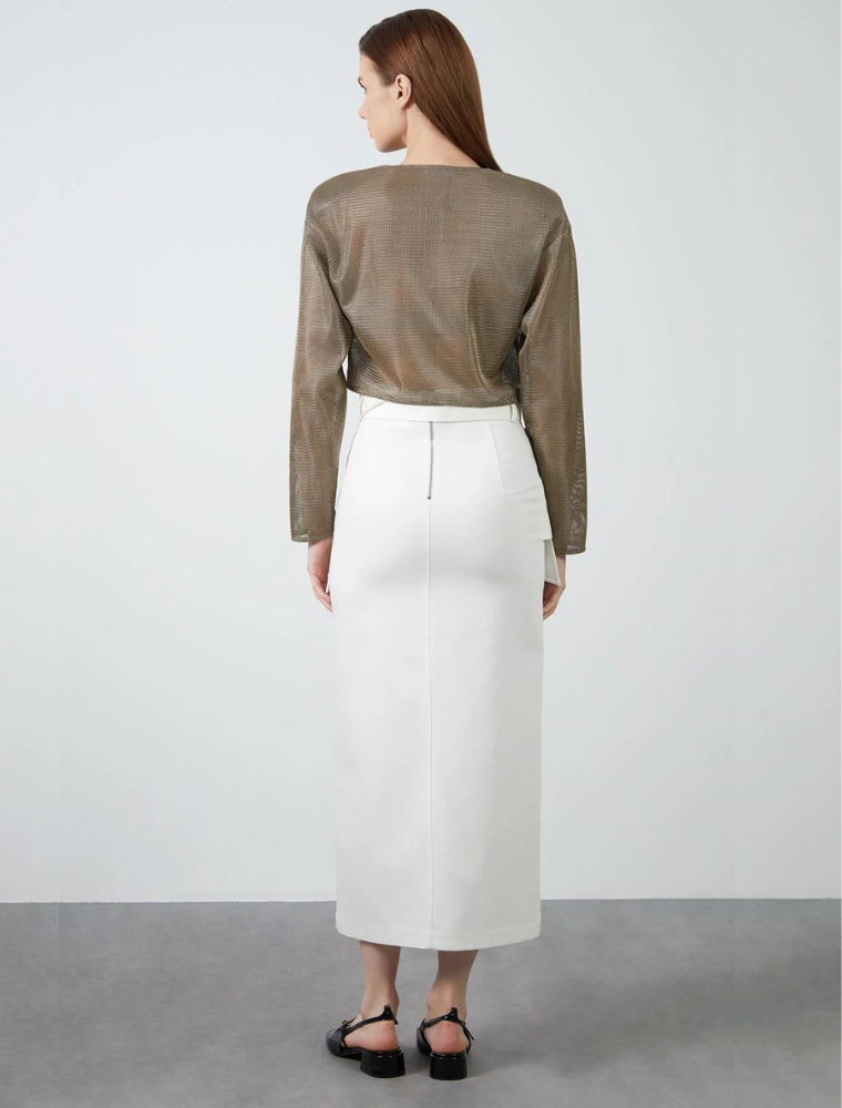 Front Slit Skirt with Patch Pockets, Off-White
