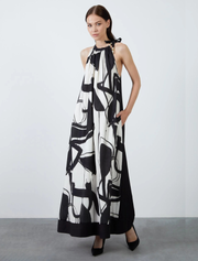 Halter Abstract Print Long Dress, Black & White