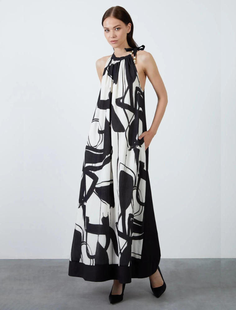 Halter Abstract Print Long Dress, Black & White