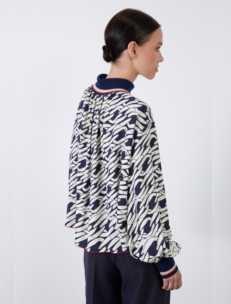 High Neck Printed Loose Top, Navy