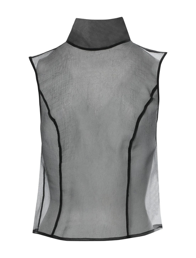 High Neck Transparent Organza Blouse, Black