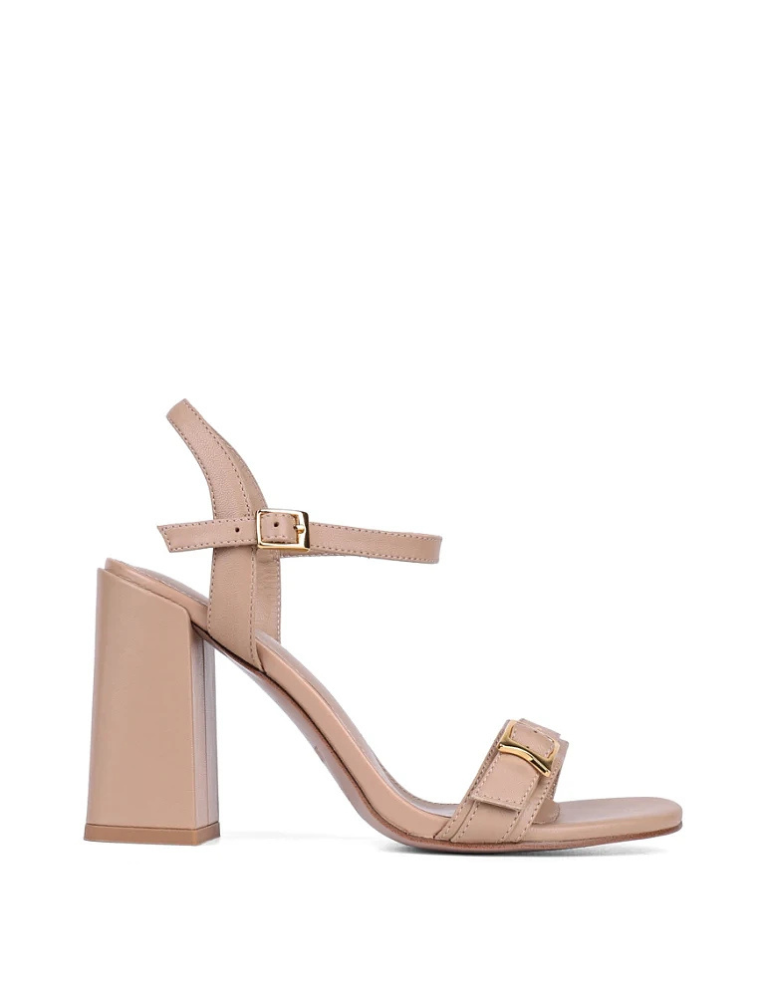 Round Toe with Gold Buckle Sandals, Light Taupe