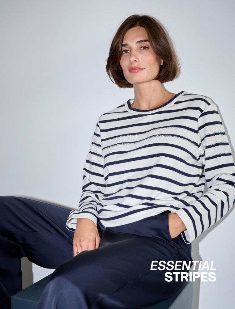 Long Sleeve Sequin Striped Top, White
