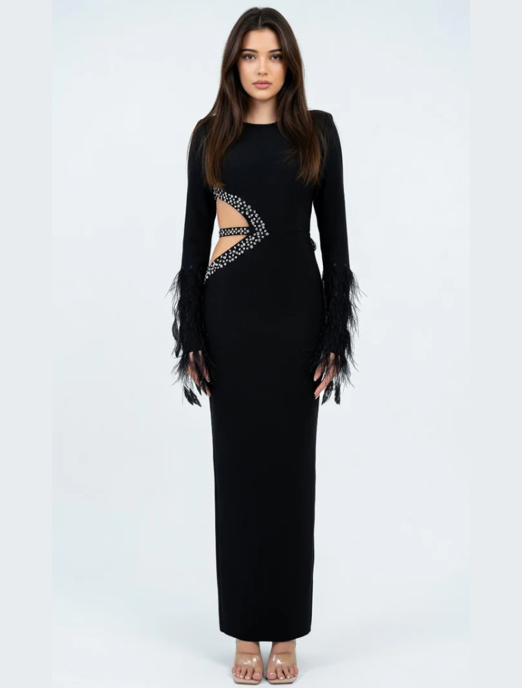 Feathered Sleeve with Side Cut-out Evening Dress, Black