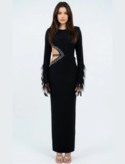 Feathered Sleeve with Side Cut-out Evening Dress, Black