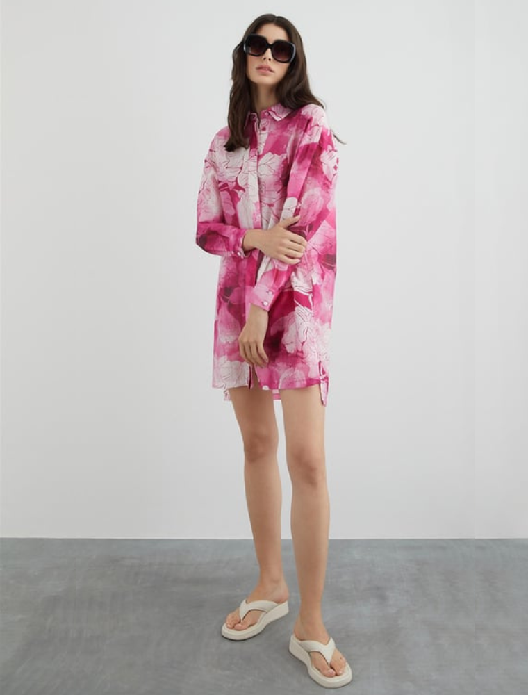 Floral Print Buttondown Tunic-Dress, Pink