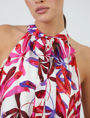 Patterned Dress with Neck Tie Detail, Fuchsia