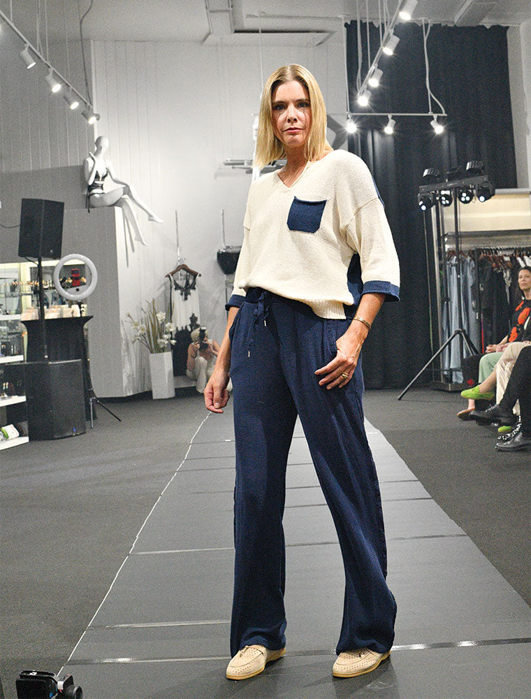 Straight Cut Pant with Satin Trim, Navy