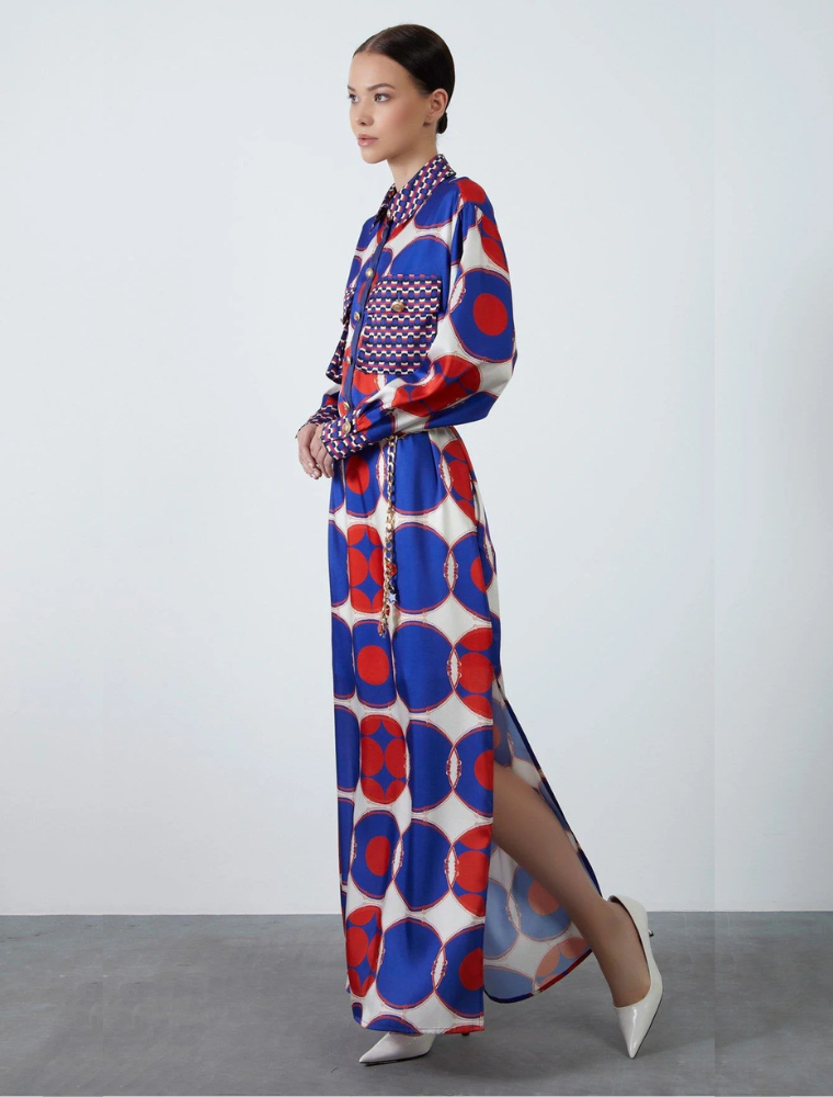 Buttondown Long Dress with Chain Belt, Multicolor