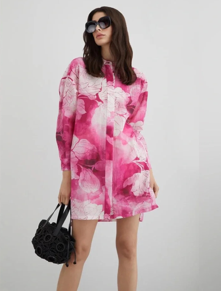 Floral Print Buttondown Tunic-Dress, Pink