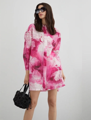 Floral Print Buttondown Tunic-Dress, Pink