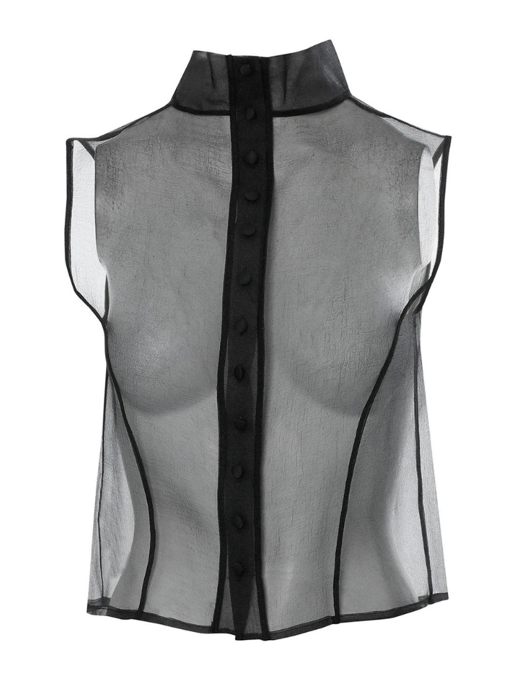High Neck Transparent Organza Blouse, Black