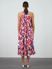 Patterned Dress with Neck Tie Detail, Fuchsia