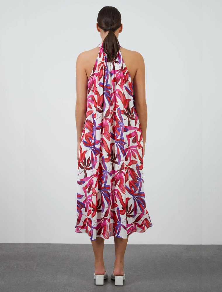 Patterned Dress with Neck Tie Detail, Fuchsia