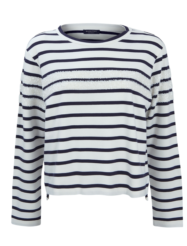 Long Sleeve Sequin Striped Top, White