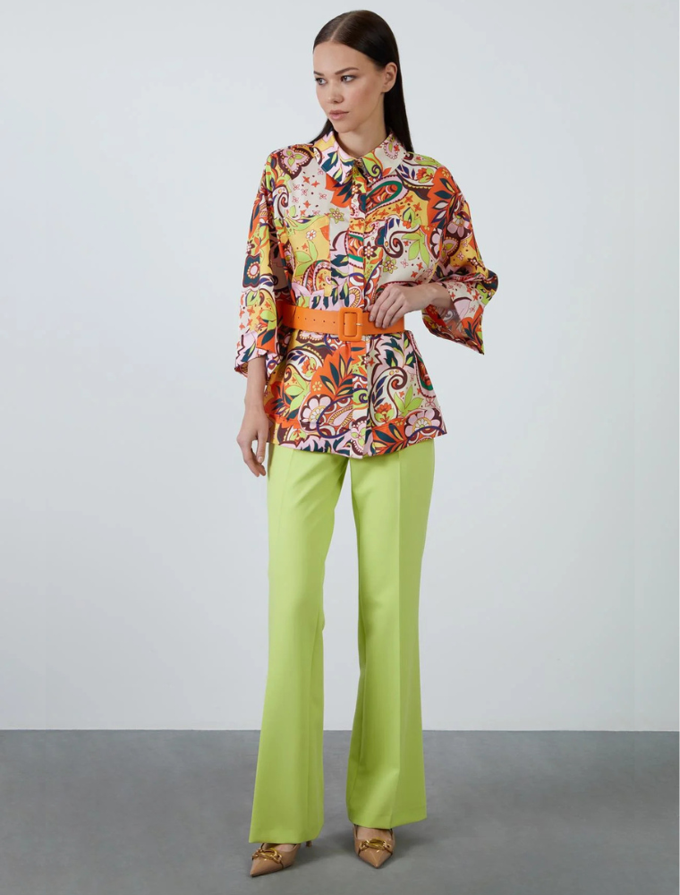 3/4 Sleeve Belted Patterned Blouse, Orange