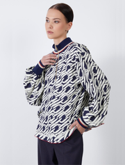 High Neck Printed Loose Top, Navy