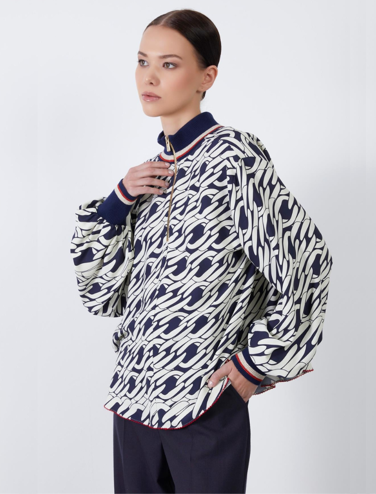 High Neck Printed Loose Top, Navy