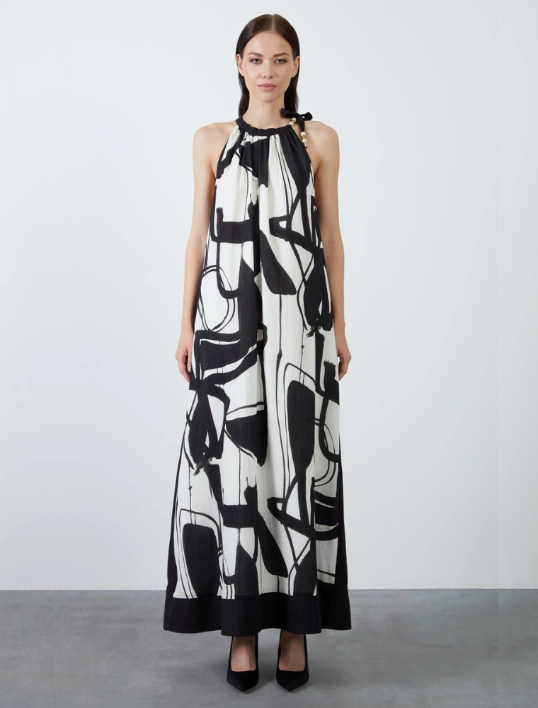 Halter Abstract Print Long Dress, Black & White