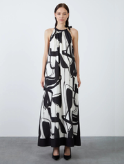 Halter Abstract Print Long Dress, Black & White