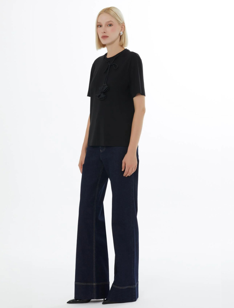 Knitted Blouse with Chest Accessory, Black