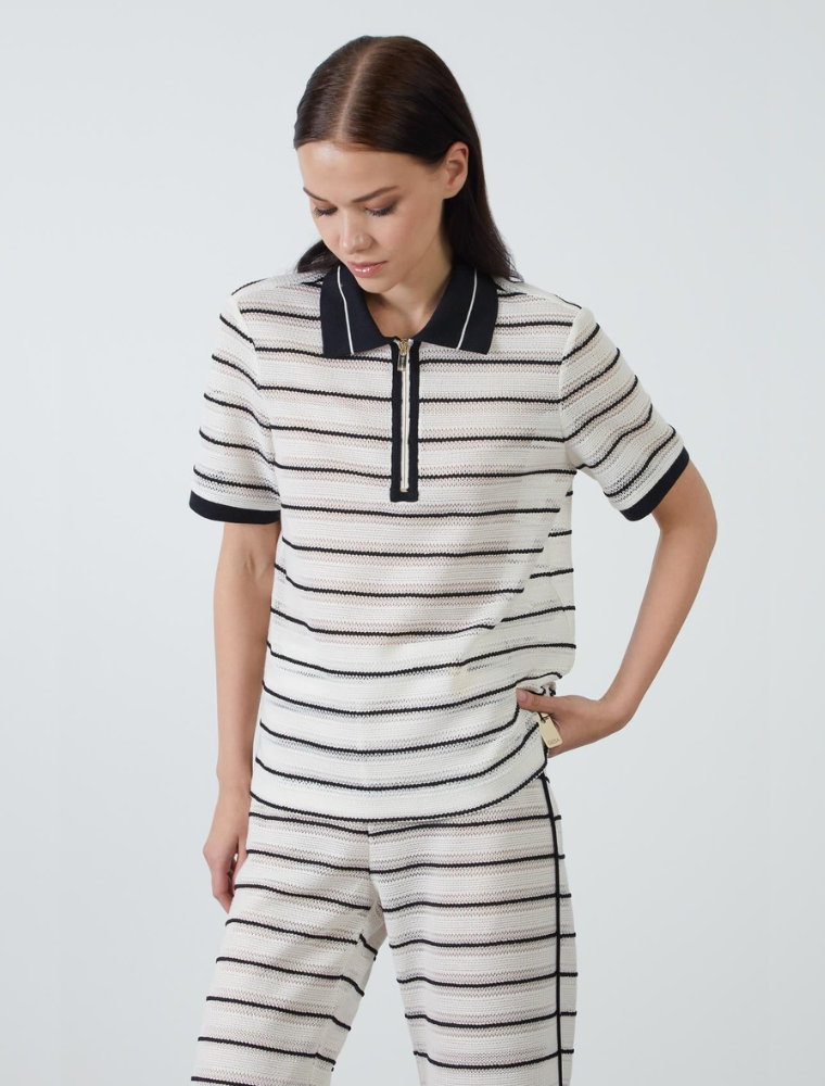 Front Zipper Collared Knit Top, White