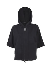 3/4  Sleeve Hooded Zip Jacket with Patch Pockets, Black