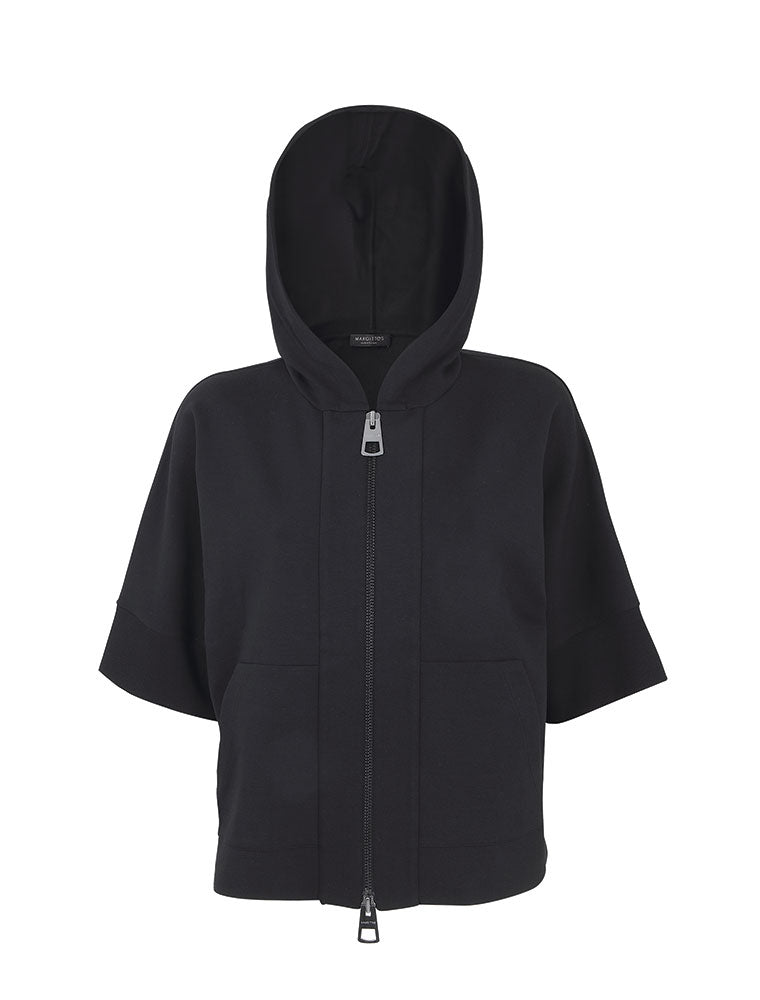3/4  Sleeve Hooded Zip Jacket with Patch Pockets, Black