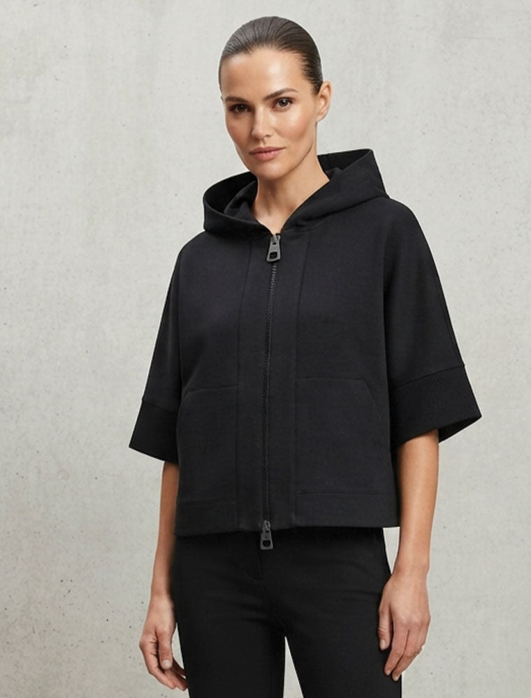 3/4  Sleeve Hooded Zip Jacket with Patch Pockets, Black