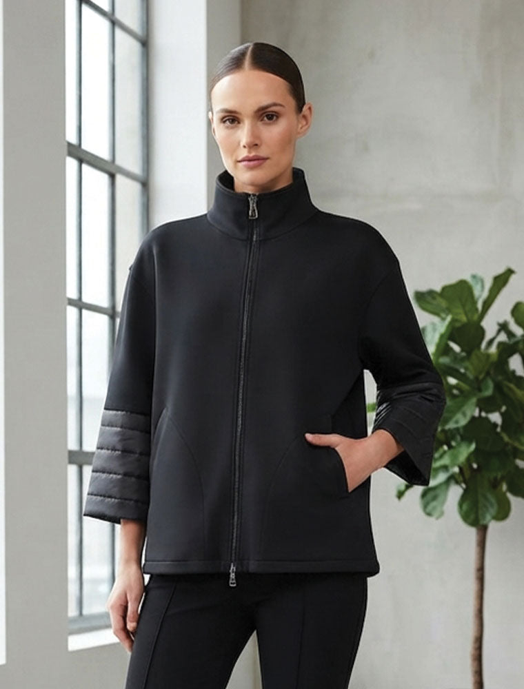 3/4 Puffer Sleeve Zip Jacket, Black