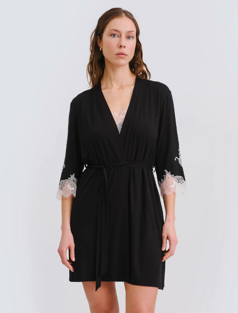3/4 Sleeve Bamboo Robe with Lace Trim, Black