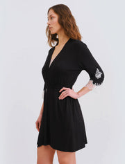 3/4 Sleeve Bamboo Robe with Lace Trim, Black