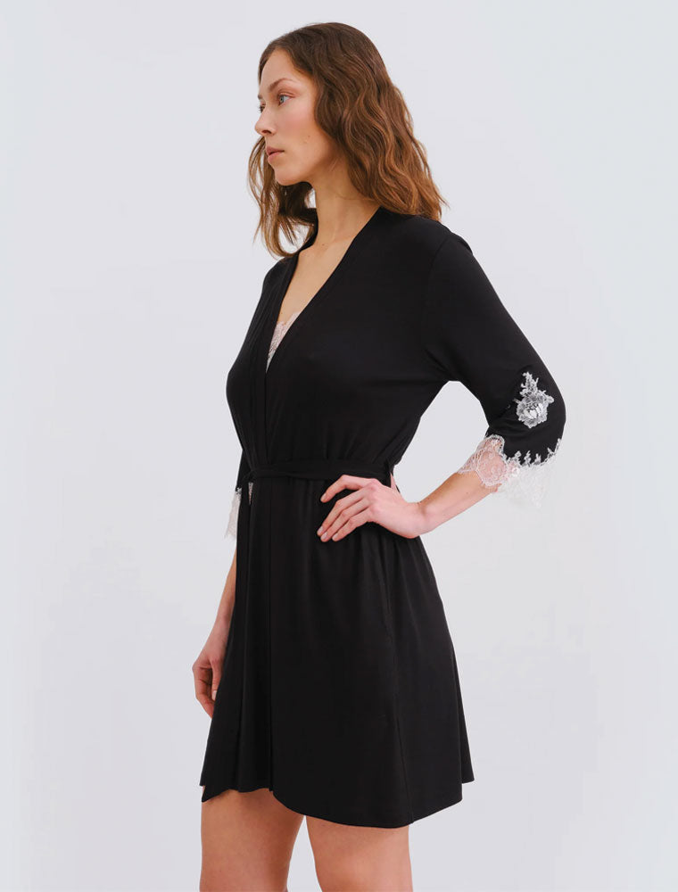 3/4 Sleeve Bamboo Robe with Lace Trim, Black