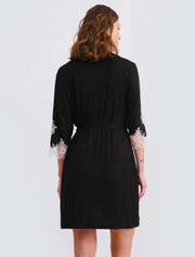 3/4 Sleeve Bamboo Robe with Lace Trim, Black